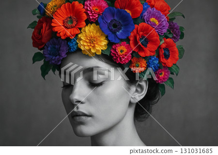Portrait of a woman wearing a vibrant floral headpiece featuring colorful flowers in red, orange, yellow, and blue on grayscale background. concept of floral art, beauty, color contrast 131031685