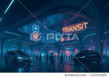 Futuristic transport hub with modern architecture and autonomous vehicles showcasing advanced urban transit system concept of future mobility and technology 131031689