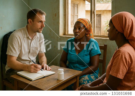 African american doctor conducting health checkup with african women in rural clinic encouraging wellness and community health engagement 131031698