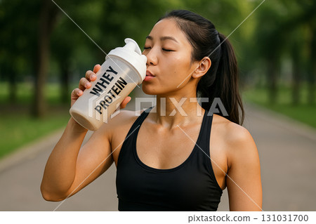 Young asian woman drinking a post-workout whey protein shake outdoors in a park. concept of fitness, healthy lifestyle, nutrition. 131031700