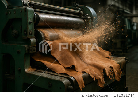 Industrial leather processing machine with leather sheets in a factory setting showing machine operations and fabric production processes 131031714