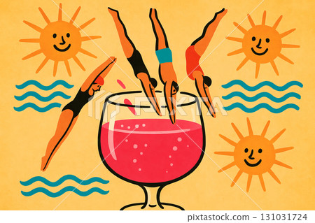Vibrant pool party scene with diverse swimmers diving into tropical drink surrounded by sun illustrations. concept of summer fun, refreshing beverage, joyful leisure activities 131031724