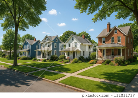 Charming sunny suburban neighborhood with classic houses, lush green lawns and trees on a bright summer day. concept of peaceful living, residential area, comfortable lifestyle 131031737