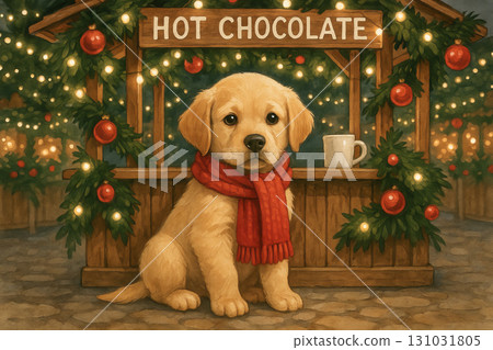 Adorable puppy in a festive setting at a hot chocolate stand with holiday lights. concept of winter celebration, cozy warmth, festive atmosphere 131031805