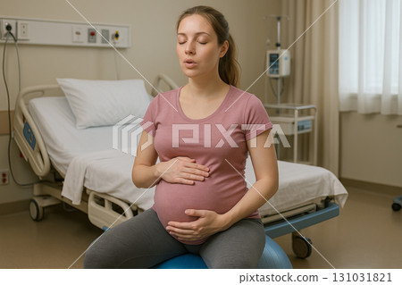 Pregnant woman practicing meditation in maternity ward for calm and relaxation during pregnancy. concept of prenatal care, mindfulness, health. 131031821