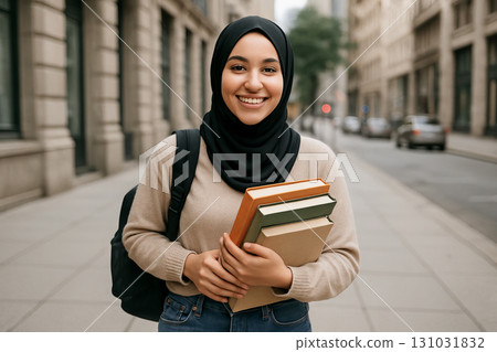 Smiling student in hijab holding books and backpack on city street for education and learning concept 131031832
