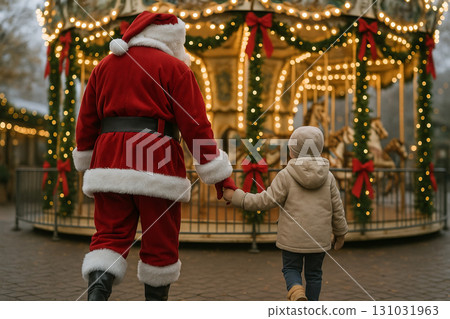 Santa walking with child towards carousel decorated with festive christmas lights during holiday season. concept of festive celebration, christmas magic, family bonding 131031963