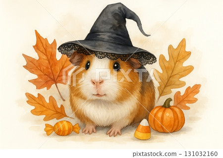 Adorable guinea pig in witch hat with autumn leaves, candy, and pumpkin. concept of halloween animal costume, cute pet portrait, festive fall season 131032160