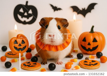 Cute guinea pig dressed for halloween with jack-o'-lantern cookies and candy corn in festive setting. concept of halloween celebration, pet costume, festive decor. Cute guinea pig dressed for halloween with jack-o'-lantern cookies and candy corn in festive setting. concept of halloween celebration, pet costume, festive decor. 131032162