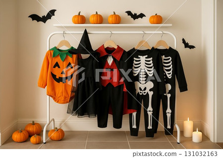 Children's halloween costumes hanging on rack with pumpkin decor and bat decorations. concept of festive dress-up, halloween celebration, spooky atmosphere Children's halloween costumes hanging on rack with pumpkin decor and bat decorations. concept of festive dress-up, halloween celebration, spooky atmosphere 131032163