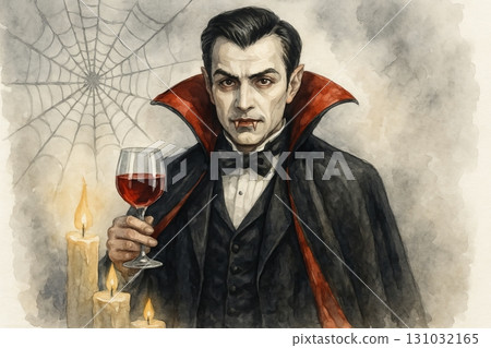 Vampire holding glass of wine with holy candles and cobweb in background. concept of gothic horror, halloween, mysterious atmosphere 131032165