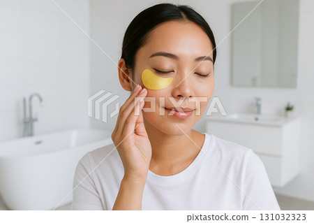 Asian woman applying gold eye patch for skincare in bathroom. concept of beauty, skincare routine, facial care 131032323