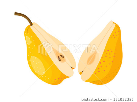 Yellow pear cut in half. two halves of pear. Fresh fruit. Modern flat style isolated 131032385