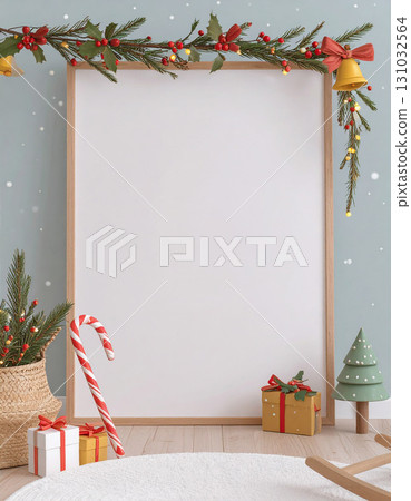 A warm wooden frame decorated with Christmas ornaments and presents A warm wooden frame decorated with Christmas ornaments and presents 131032564