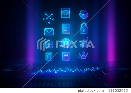 AI generated futuristic hologram digital icons interface with glowing technology symbols representing data security communication business growth and innovation 131032613
