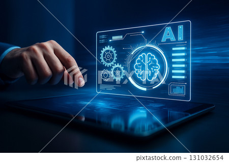 AI generated conceptual futuristic digital art of human hand interacting with glowing AI hologram brain gears and data interface symbolizing machine learning innovation 131032654