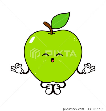 Cute green apple meditating in lotus position with a happy expression. 131032715