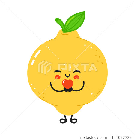 Cute cartoon lemon character holding a heart, expressing love and affection. 131032722