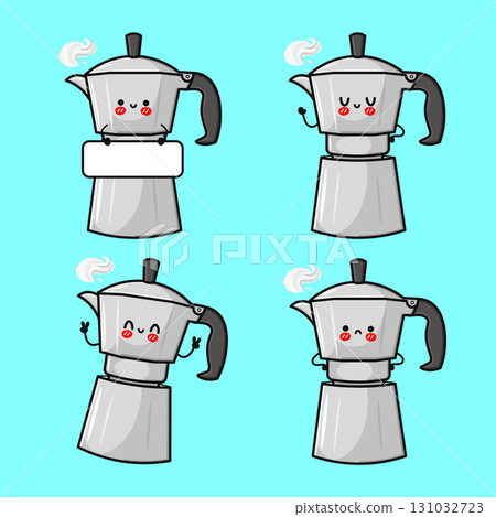Cute and cartoon moka pot characters with different expressions and steam. 131032723