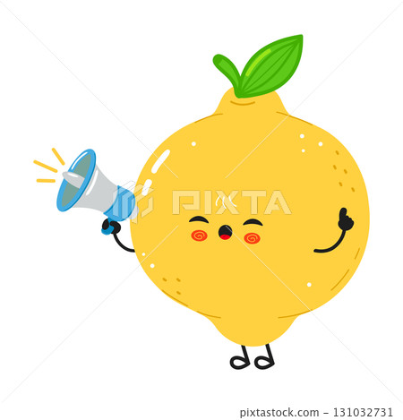 Cute cartoon lemon character shouting into a megaphone Cute cartoon lemon character shouting into a megaphone 131032731