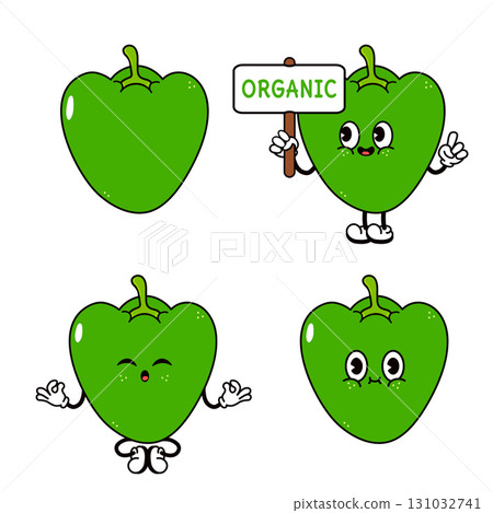 Cartoon green bell pepper characters in different poses Cartoon green bell pepper characters in different poses 131032741