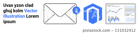 Envelope with notification badge, geometric shield logo, and analytical dashboard featuring graphs and charts. Ideal for business communications, notifications, branding, data analysis, email Envelope with notification badge, geometric shield logo, and analytical dashboard featuring graphs and charts. Ideal for business communications, notifications, branding, data analysis, email 131032912