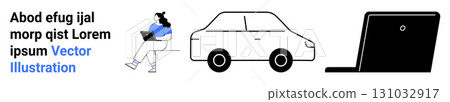 Person working on laptop, car, and laptop icon. Ideal for remote work, mobile workforce, modern lifestyle, business travel, digital nomad, productivity solutions, and mobile office concepts. Landing 131032917