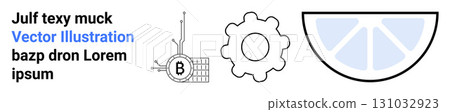 Text elements beside an abstract gear, technology symbol, and a segmented half-circle. Ideal for tech, innovation, modern design, engineering, infographics, education, and brand identity. Landing 131032923
