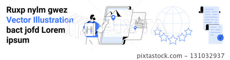 Man planning travel journey on laptop, maps and location pin, globe with stars, documents with clip and seal, text block. Ideal for travel planning, logistics, project management, document Man planning travel journey on laptop, maps and location pin, globe with stars, documents with clip and seal, text block. Ideal for travel planning, logistics, project management, document 131032937