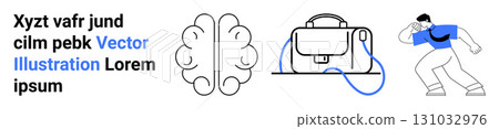 Brain outline, headphones attached to a bag, and a running person with blue accents. Ideal for tech, education, health, productivity, fitness, business, creative visuals. Landing page 131032976