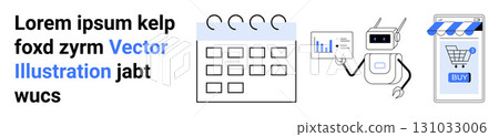 Robot analyzing graphs, calendar, and online storefront. Ideal for tech solutions, business analytics, scheduling, automation, e-commerce, digital marketing, innovation themes. Landing page Robot analyzing graphs, calendar, and online storefront. Ideal for tech solutions, business analytics, scheduling, automation, e-commerce, digital marketing, innovation themes. Landing page 131033006