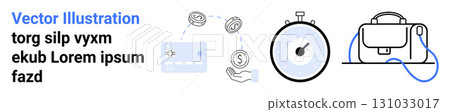 Blue and black financial card, exchange symbols, stopwatch, and backpack. Ideal for financial services, time management, travel, e-commerce, technology, education, startups. Landing page Blue and black financial card, exchange symbols, stopwatch, and backpack. Ideal for financial services, time management, travel, e-commerce, technology, education, startups. Landing page 131033017
