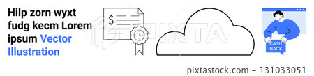 Cloud outline, financial certificate with dollar sign and ribbon, person holding Cash Back sign. Ideal for financial services, cloud computing, fintech, online transactions, e-commerce, rewards Cloud outline, financial certificate with dollar sign and ribbon, person holding Cash Back sign. Ideal for financial services, cloud computing, fintech, online transactions, e-commerce, rewards 131033051