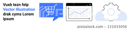 Shopping cart icon in blue speech bubble, analytics graph in browser window, settings gear outline. Ideal for e-commerce platforms, business growth, data analysis, optimization, online shopping 131033056