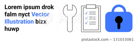 Wrench, checklist with blue checkmarks, and blue padlock next to placeholder text in black and blue. Ideal for maintenance services, security software, project management, task tracking, tools 131033061