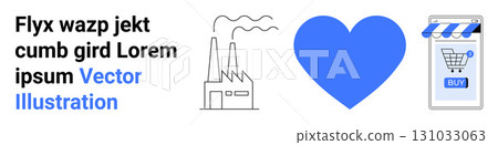 Factory emitting smoke, blue heart shape, and mobile shopping app with cart icon. Ideal for industry, environment, health, love, e-commerce, mobile apps, marketing. Landing page 131033063