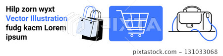 Shopping bags, blue shopping cart icon, and outlined purse with blue strap. Ideal for e-commerce, retail, online stores, marketing campaigns, shopping apps, websites, product pages. Landing page 131033068