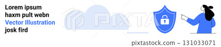 Woman pointing at a security shield icon with a lock icon, set against a cloud background. Ideal for cybersecurity, data protection, online privacy, digital safety, secure payment, internet safety 131033071