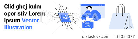 AI chip with circuits, person using mobile app for cashback, shopping bag. Ideal for technology, e-commerce, mobile apps, online shopping, financial services, digital marketing, and user experience AI chip with circuits, person using mobile app for cashback, shopping bag. Ideal for technology, e-commerce, mobile apps, online shopping, financial services, digital marketing, and user experience 131033077