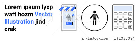 Black text, blue Vector Illustration, a mobile shopping app with Buy button, person icon, calculator. Ideal for e-commerce, mobile apps, user profiles, financial tools, shopping, digital platforms 131033084