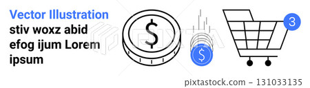 Dollar coin, falling coins, shopping cart with notification badge, and placeholder text. Ideal for e-commerce, online shopping, marketing, mobile apps, user interface, minimalism, and digital Dollar coin, falling coins, shopping cart with notification badge, and placeholder text. Ideal for e-commerce, online shopping, marketing, mobile apps, user interface, minimalism, and digital 131033135