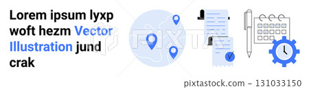 Map with location pins, checklists, and calendar with gear icon. Ideal for project management, task planning, workflow optimization, business strategy, time management, productivity tools, corporate 131033150