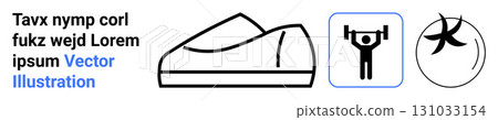 Black outline of a shoe, weightlifter icon, and a banana. Ideal for fitness, nutrition, exercise, health, sports, lifestyle, and wellness themes. Landing page 131033154