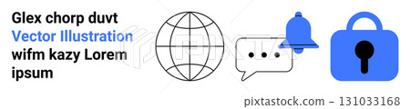 Globe icon, dialogue bubble with three dots, blue notification bell, and blue padlock. Ideal for cybersecurity, internet communication, notifications, global connectivity, online privacy, secure 131033168