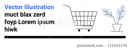 Shopping cart next to potted plant with placeholder text in a minimalist style. Ideal for e-commerce, retail, marketing, online shopping, modern design, branding, and advertisement. Banner Shopping cart next to potted plant with placeholder text in a minimalist style. Ideal for e-commerce, retail, marketing, online shopping, modern design, branding, and advertisement. Banner 131033170