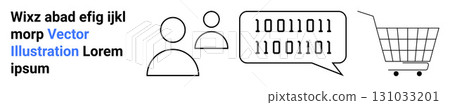 Simplified human figures next to a speech bubble with binary code and a shopping cart. Ideal for technology, communication, e-commerce, digital marketing, online shopping, data processing, software 131033201