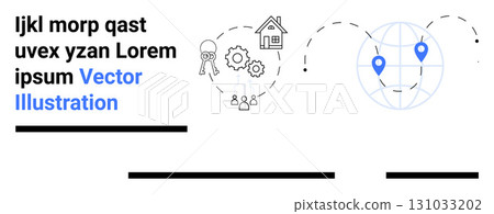 Globe with location pins, house and gear icons, magnifying glass, gear, group of people. Ideal for business, technology, communication, startup, real estate, networking, online services. Landing page Globe with location pins, house and gear icons, magnifying glass, gear, group of people. Ideal for business, technology, communication, startup, real estate, networking, online services. Landing page 131033202