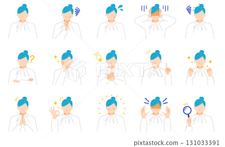 身著辦公室休閒服的女商人的一組面部表情。平面設計。 身著辦公室休閒服的女商人的一組面部表情。平面設計。 131033391