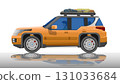 Object of side view traveling of off road. Driving man in side car. car color orange and black roof. On the car roof rack there is luggage with ropes. With shadow on isolated white background. 131033684
