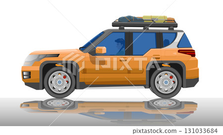 Object of side view traveling of off road. Driving man in side car. car color orange and black roof. On the car roof rack there is luggage with ropes. With shadow on isolated white background. 131033684